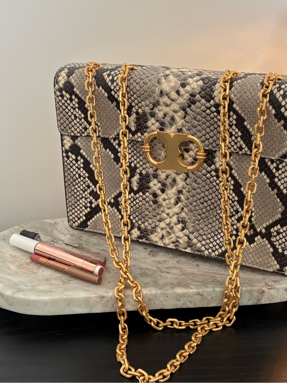 Tory Burch Snake-Effect Shoulder Bag with Gold Chain